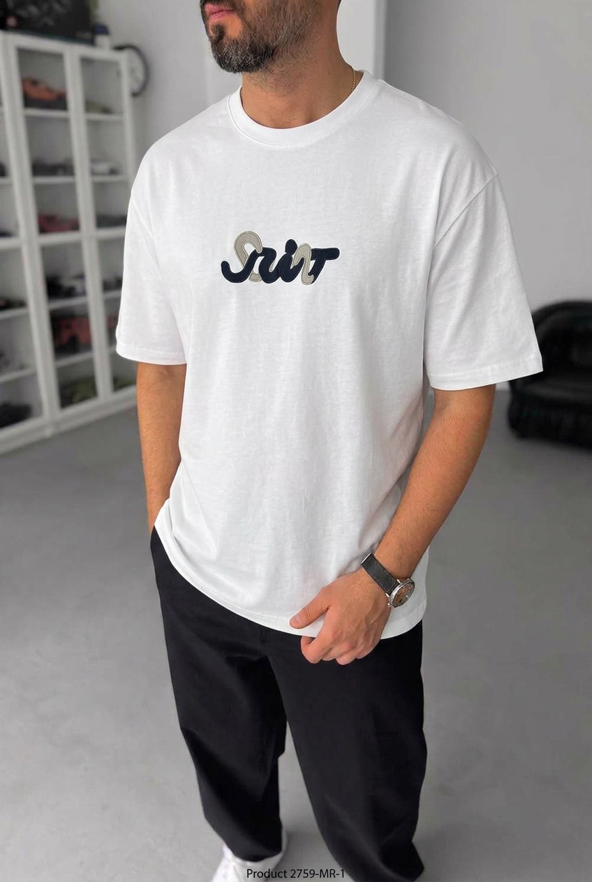T-Shirt Regular-Fit Embroidered Logo Γκρι/Μαύρο – Λευκό