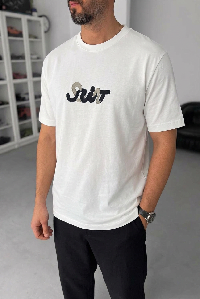T-Shirt Regular-Fit Embroidered Logo Γκρι/Μαύρο – Λευκό