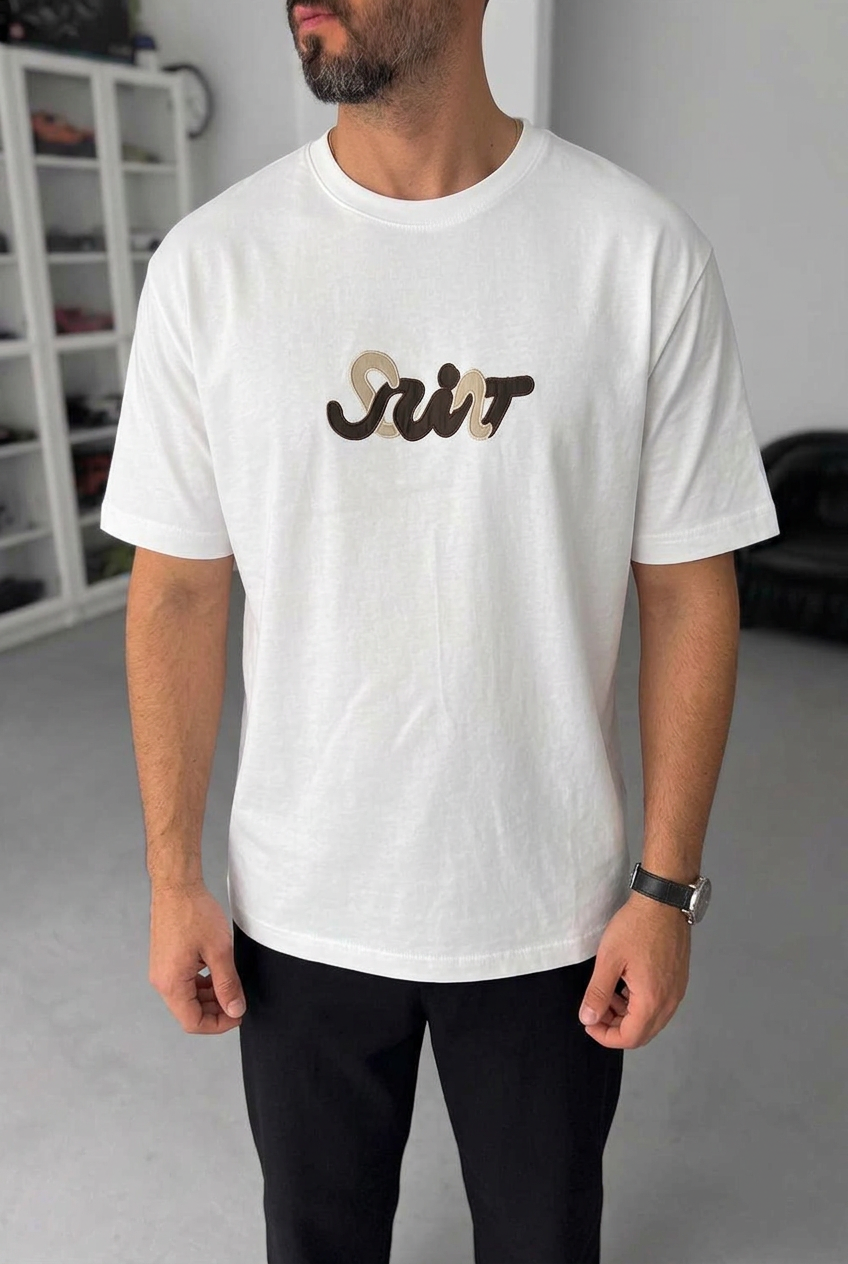 T-Shirt Regular-Fit Embroidered Logo Μπεζ/Καφέ – Λευκό