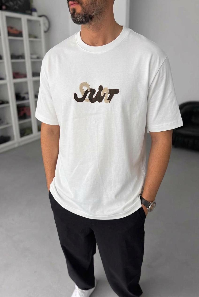 T-Shirt Regular-Fit Embroidered Logo Μπεζ/Καφέ – Λευκό