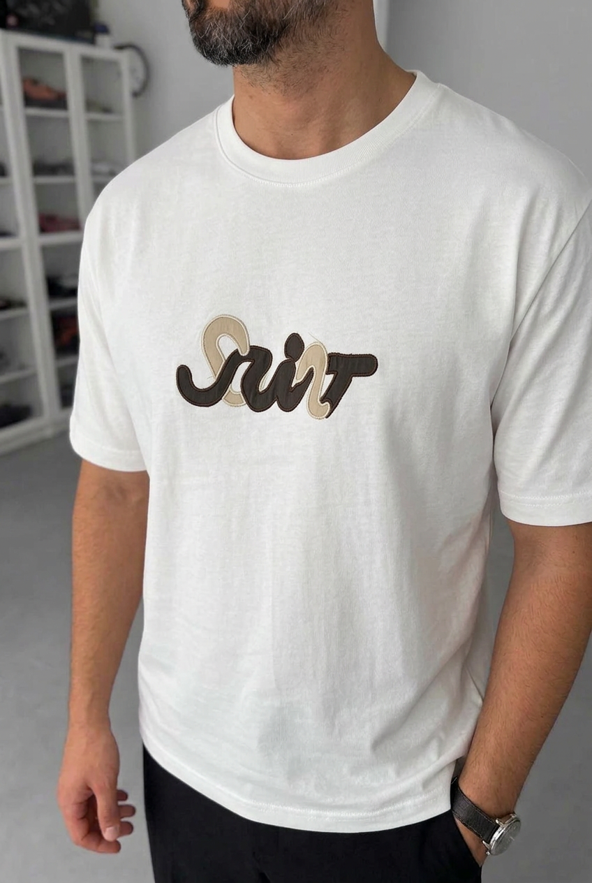 T-Shirt Regular-Fit Embroidered Logo Μπεζ/Καφέ – Λευκό