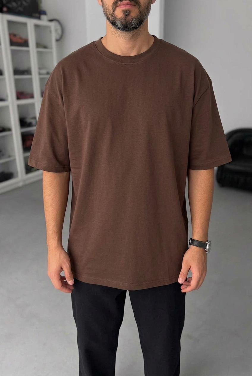 Basic Oversized T-shirt Με Κέντημα - Καφέ