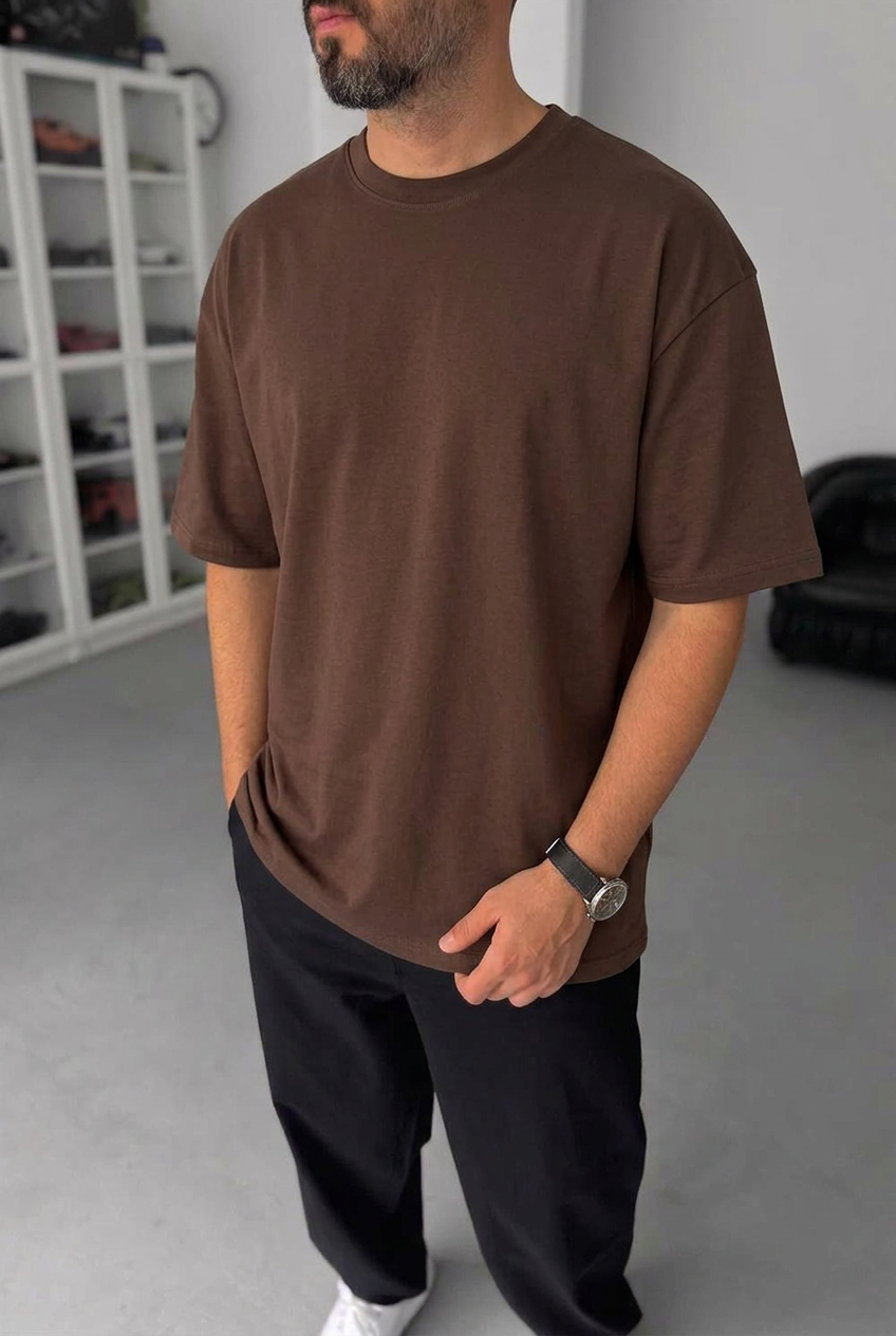 Basic Oversized T-shirt Με Κέντημα - Καφέ
