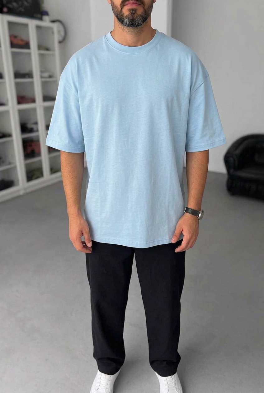 Basic Oversized T-Shirt with Embroidery – Sky Blue