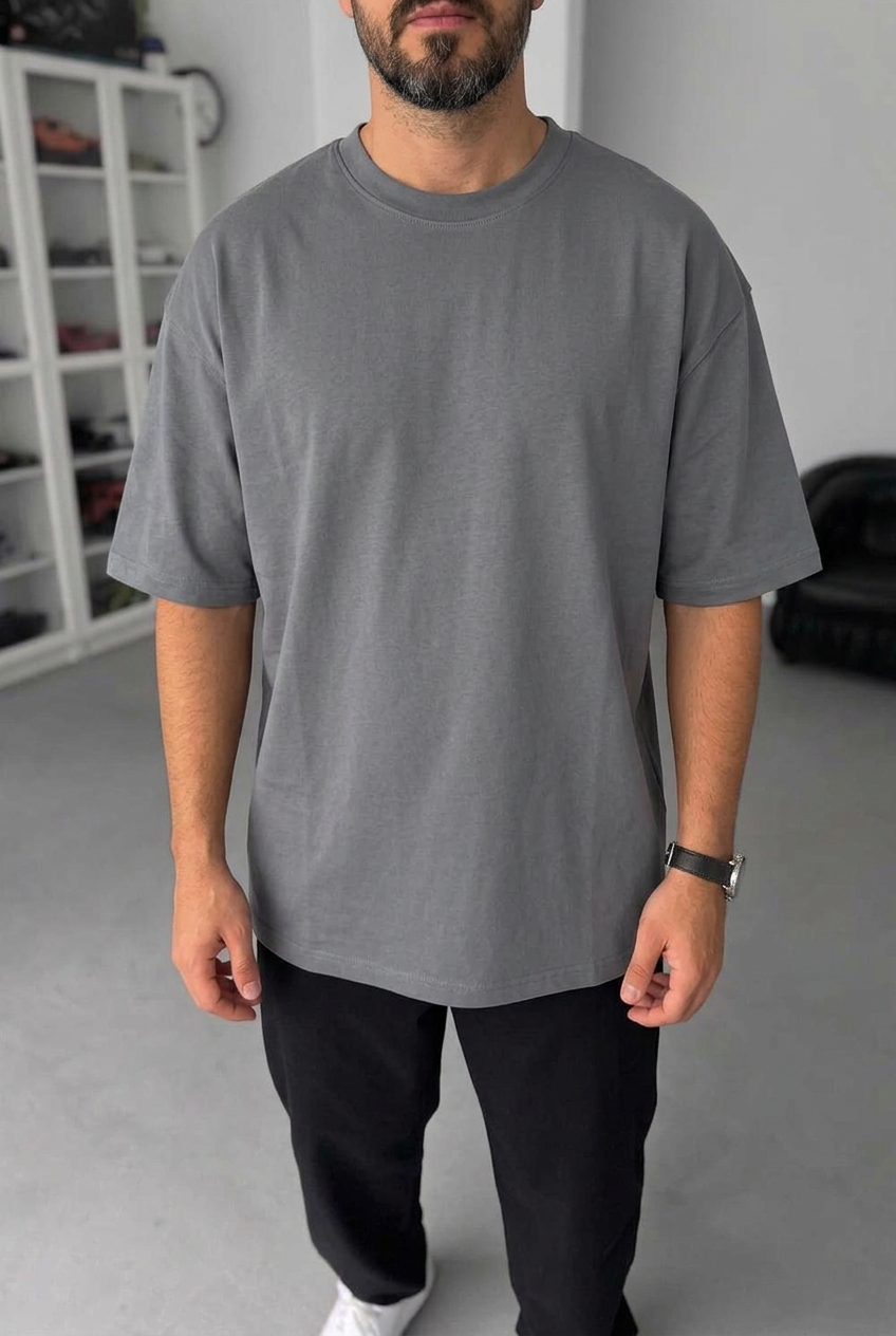 Basic Oversized T-Shirt with Embroidery – Charcoal