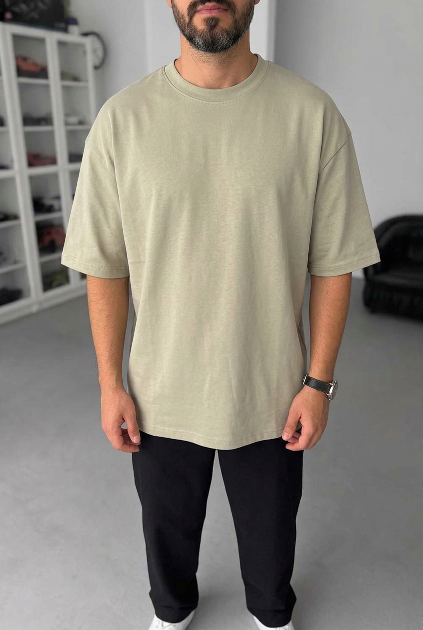 Basic Oversized T-Shirt with Embroidery – Khaki