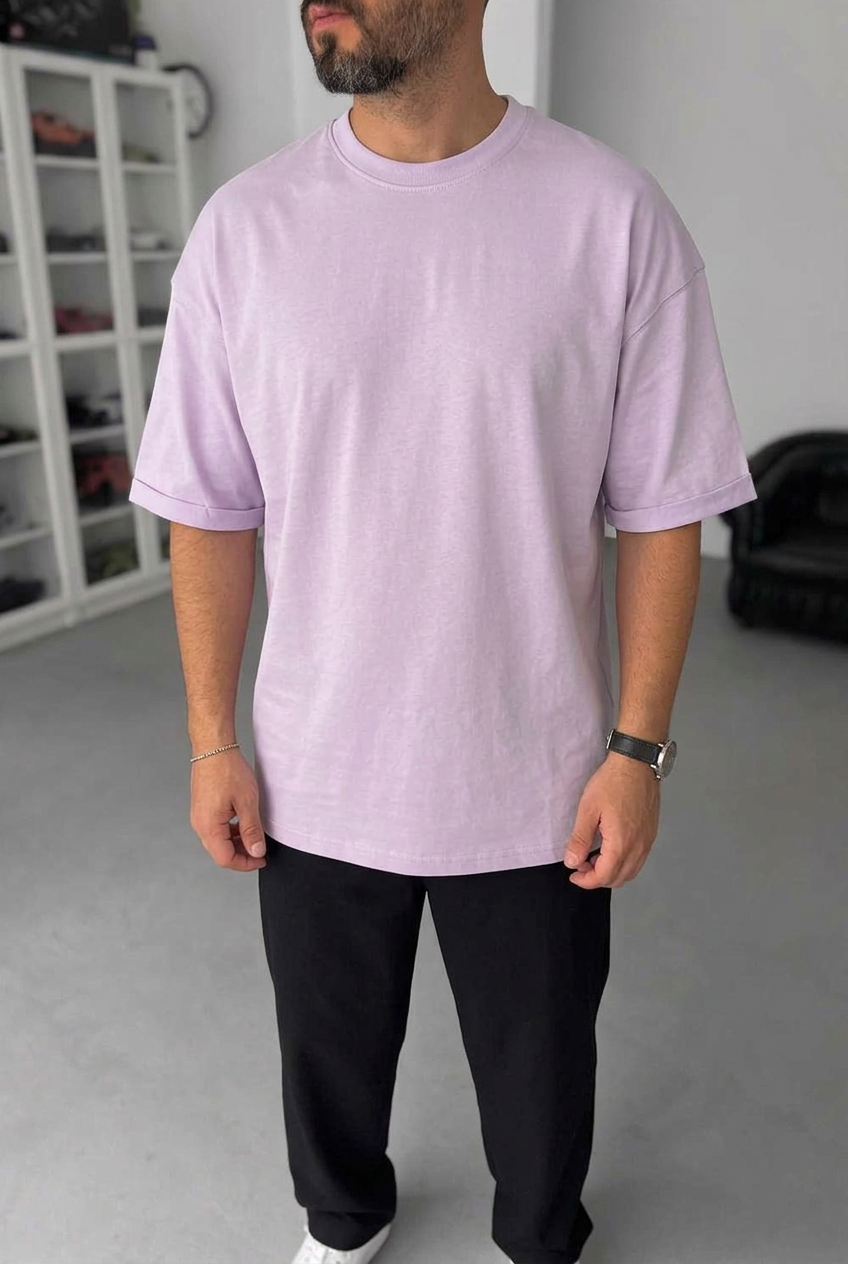 Basic Oversized T-Shirt with Rolled Sleeves – Lilac