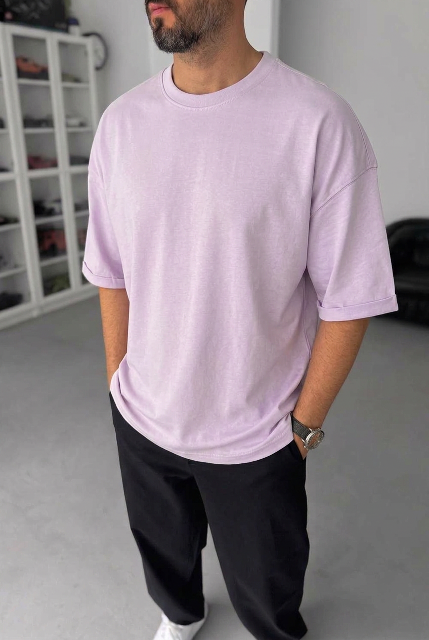 Basic Oversized T-Shirt with Rolled Sleeves – Lilac