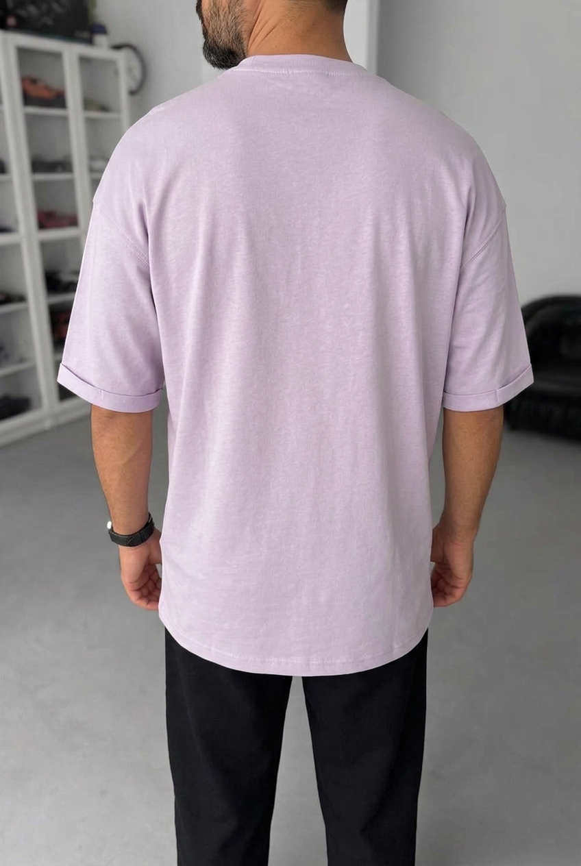 Basic Oversized T-Shirt with Rolled Sleeves – Lilac