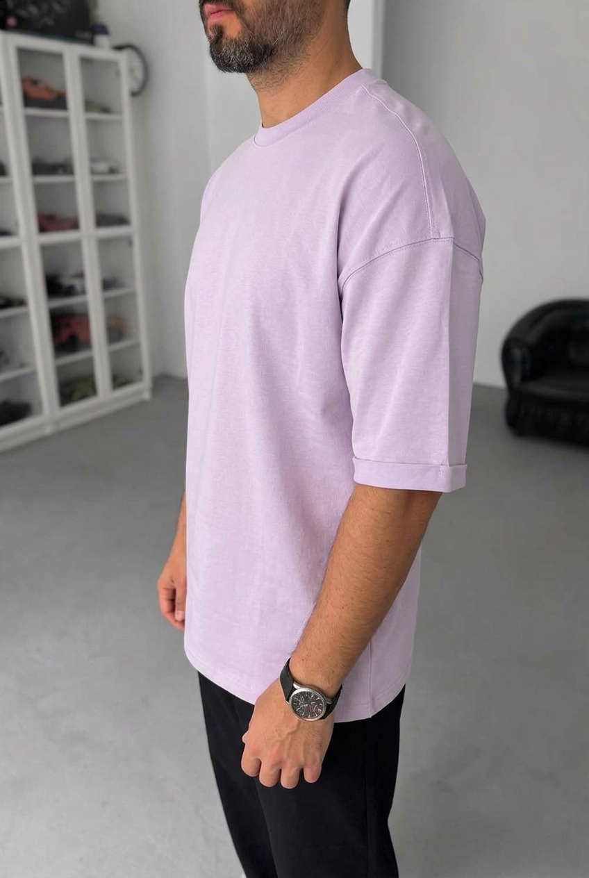 Basic Oversized T-Shirt with Rolled Sleeves – Lilac