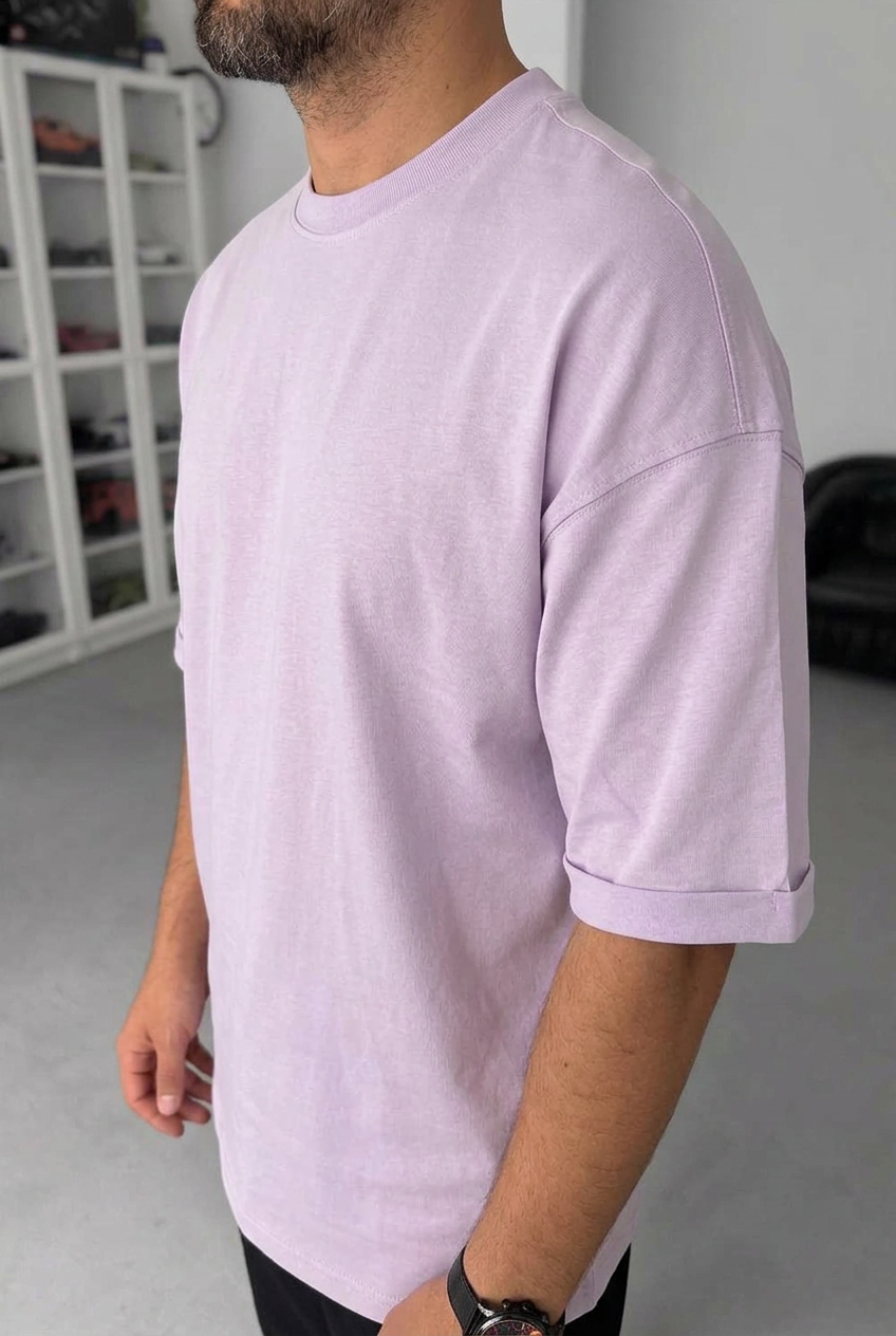 Basic Oversized T-Shirt with Rolled Sleeves – Lilac