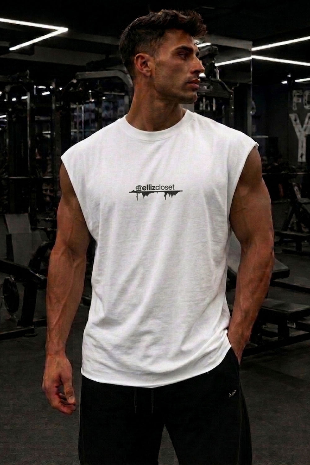 Αμάνικο T-shirt με Premium Κέντημα ellizcloset – Relaxed Fit-Λευκό