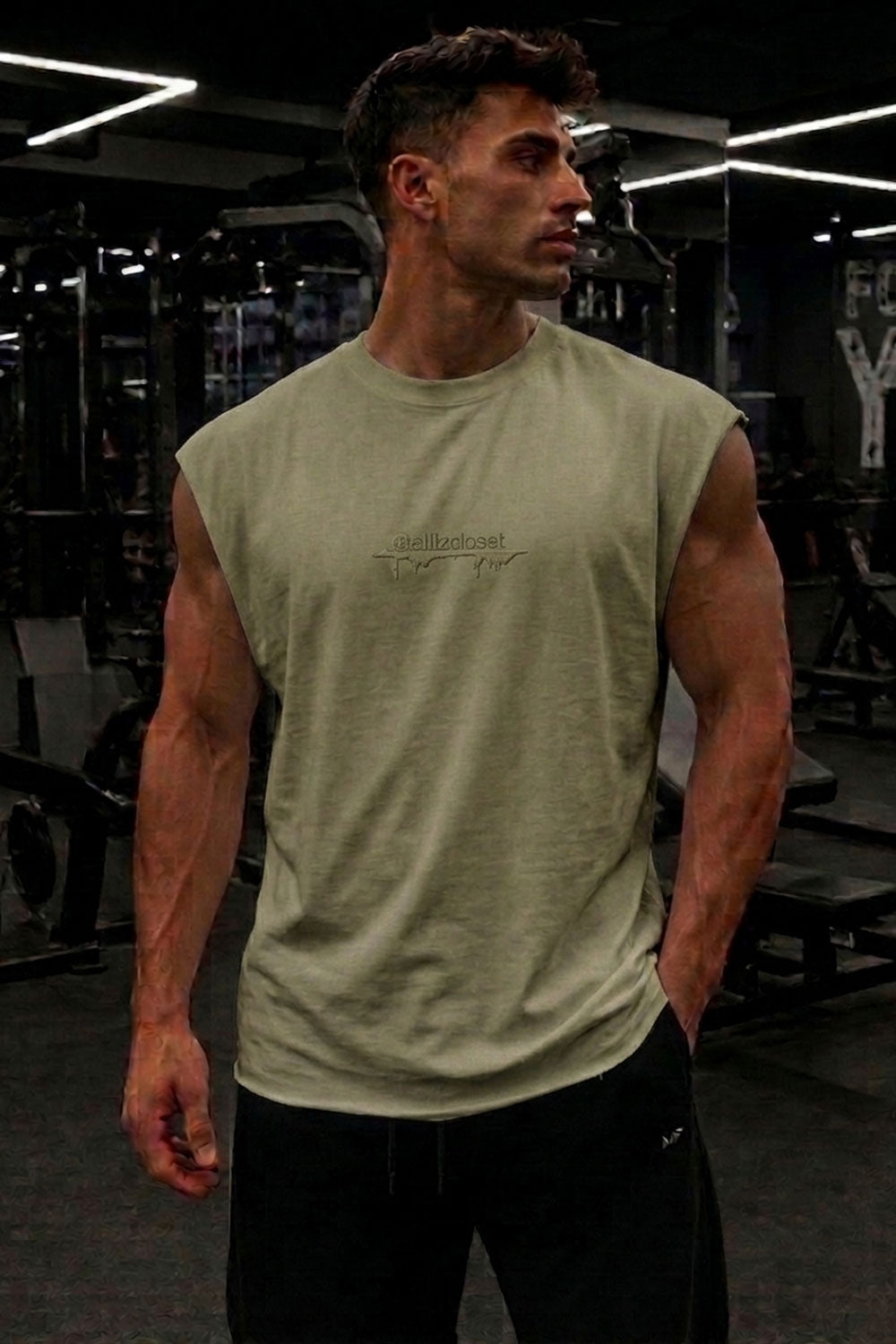 Αμάνικο T-shirt με Premium Κέντημα ellizcloset – Relaxed Fit-Χακί