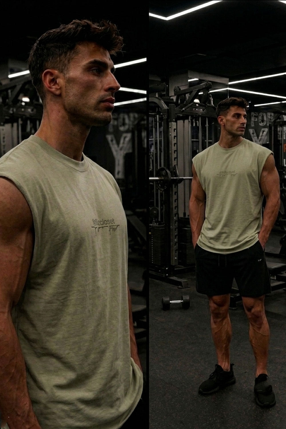 Αμάνικο T-shirt με Premium Κέντημα ellizcloset – Relaxed Fit-Χακί