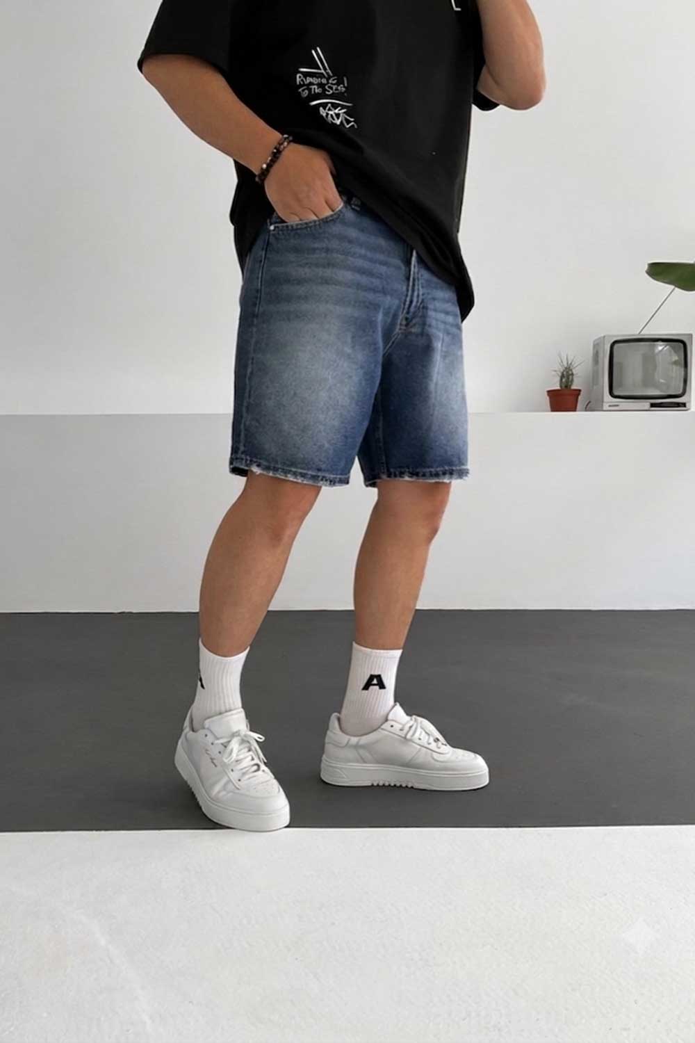 Βερμούδα Denim Relaxed Studio – Ξεβαμμένο Σκουρό Μπλε
