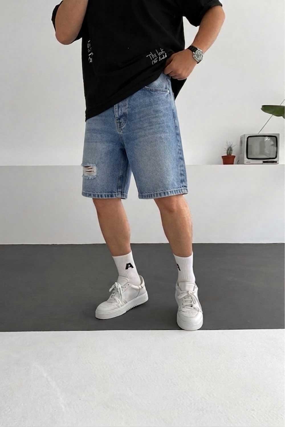 Βερμούδα Denim Relaxed Ripped Studio – Μεσαίο Μπλε