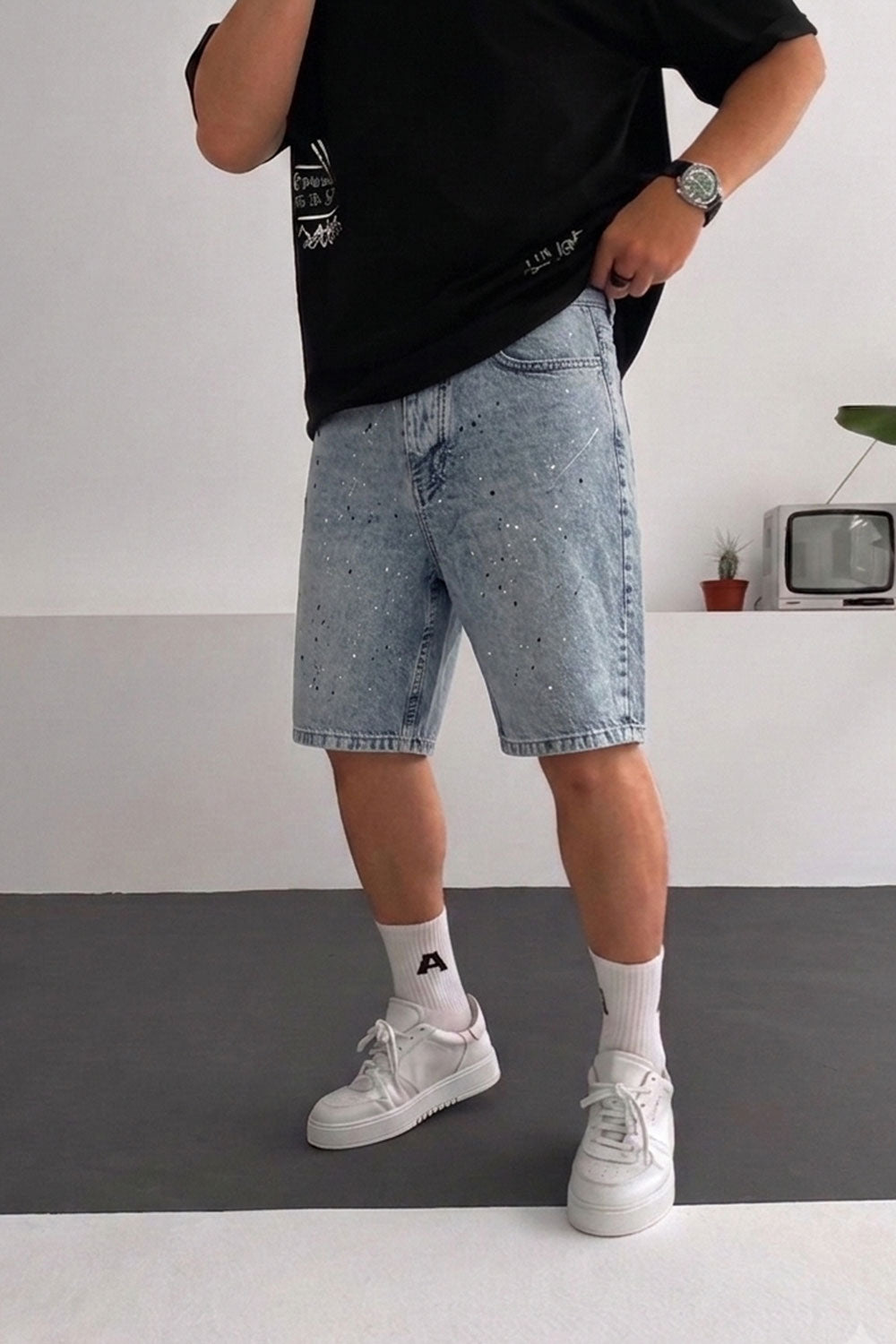 Βερμούδα Denim Relaxed Paint Splatter Studio – Ανοιχτό Μπλε