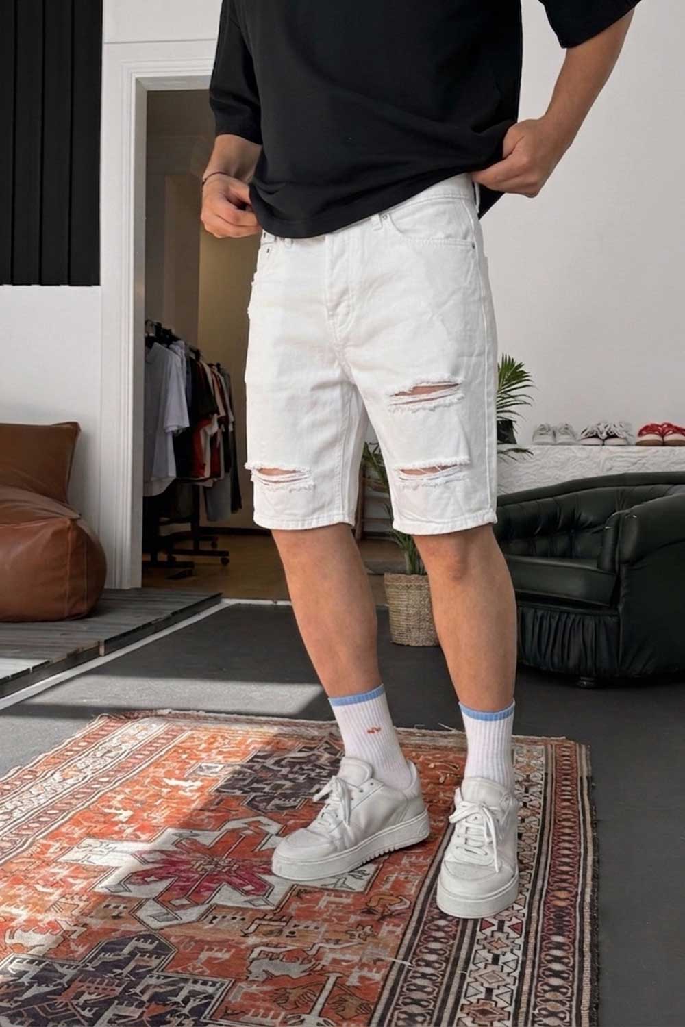 Βερμούδα Denim Relaxed Ripped Studio – Λευκό
