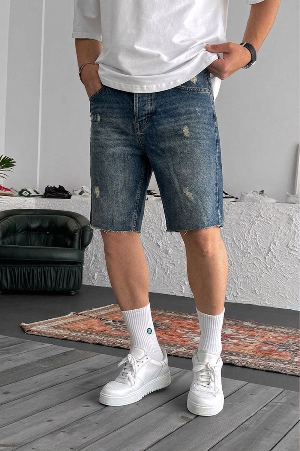 Βερμούδα Denim Relaxed Ripped Studio – Σκούρο Μπλε
