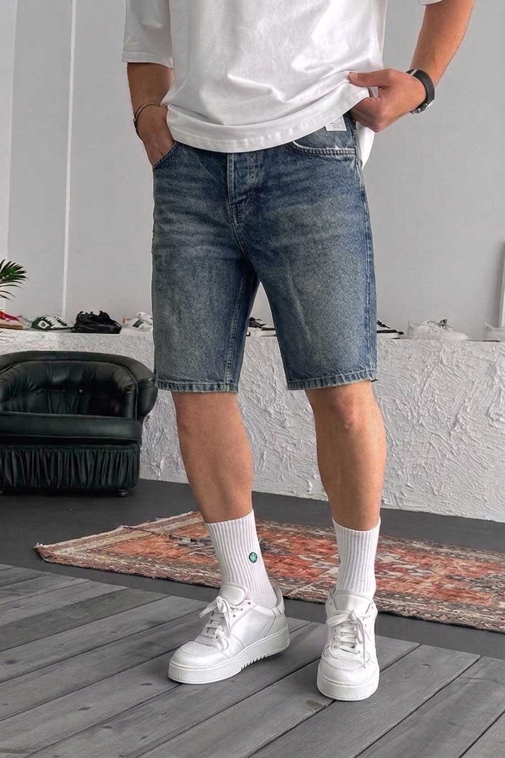Βερμούδα Denim Relaxed Studio – Acid Wash Μπλε