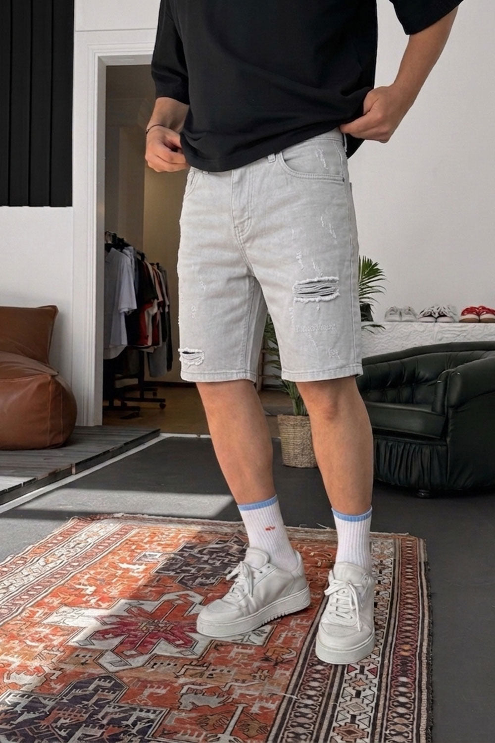 Βερμούδα Denim Relaxed Ripped Studio – Γκρι