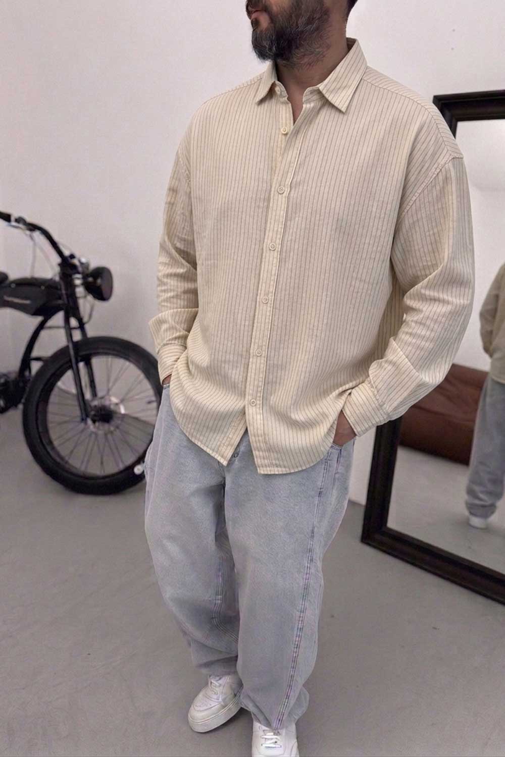 Πουκάμισο Oversized Linen-Blend Vertical Stripe Studio – Μπεζ