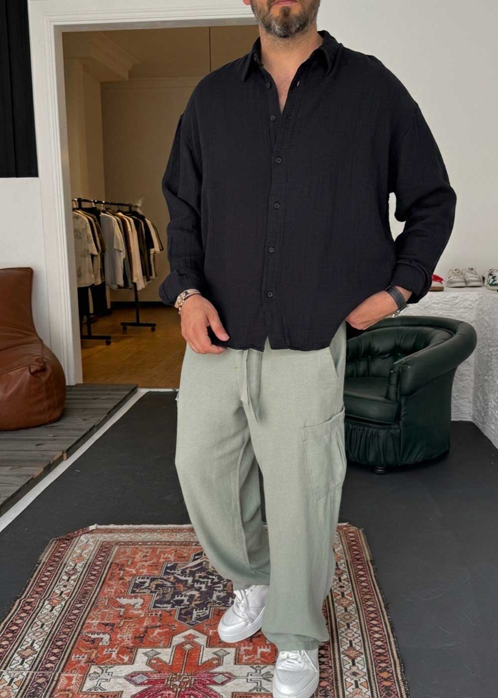 Oversized Μουσελίνα Μακρυμάνικο Πουκάμισο – Μαύρο