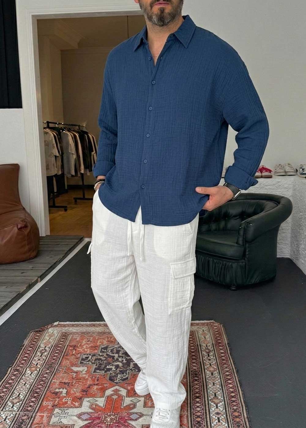 Oversized Μουσελίνα Μακρυμάνικο Πουκάμισο – Σκούρο Μπλε
