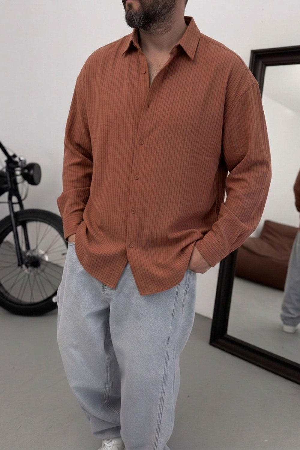 Oversized Πουκάμισο Linen-Blend Textured Stripe Studio – Κεραμιδή