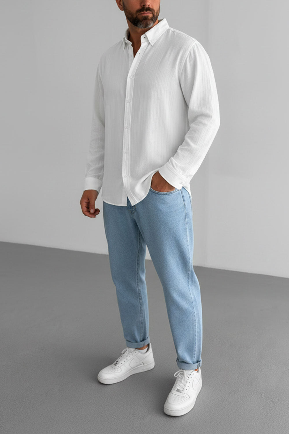 Relax Πουκάμισο με Ελαστική Ύφανση και Button-Down Γιακά - Λευκό