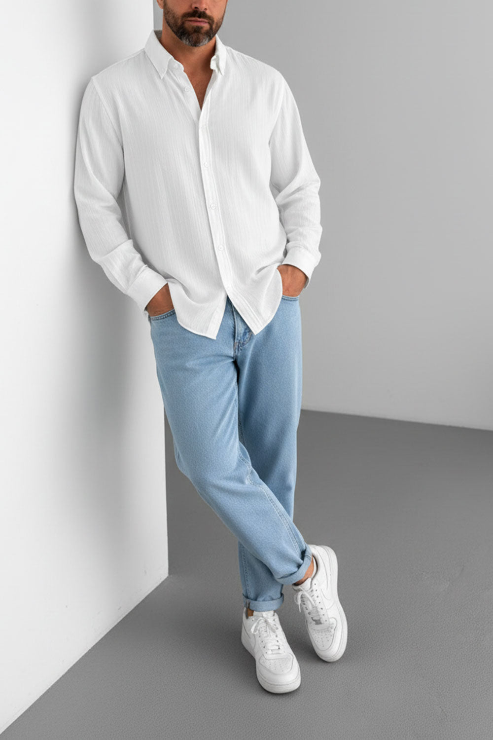 Relax Πουκάμισο με Ελαστική Ύφανση και Button-Down Γιακά - Λευκό