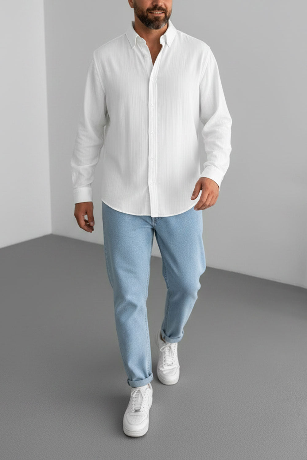 Relax Πουκάμισο με Ελαστική Ύφανση και Button-Down Γιακά - Λευκό