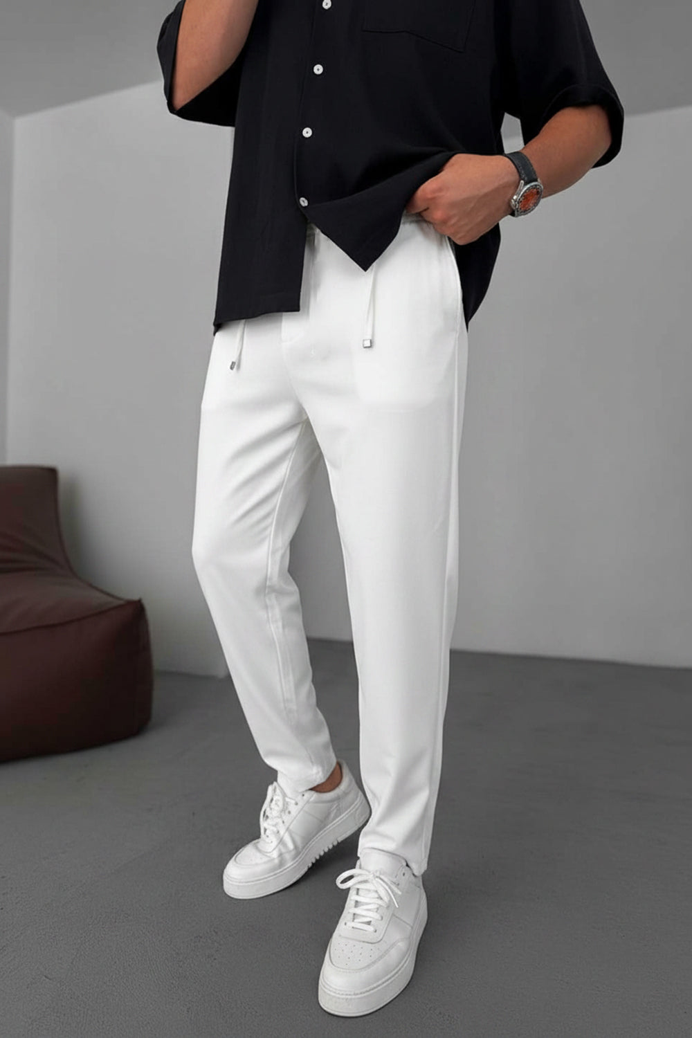Relaxed Fit Υφασμάτινο Παντελόνι με Λάστιχο – Λευκό