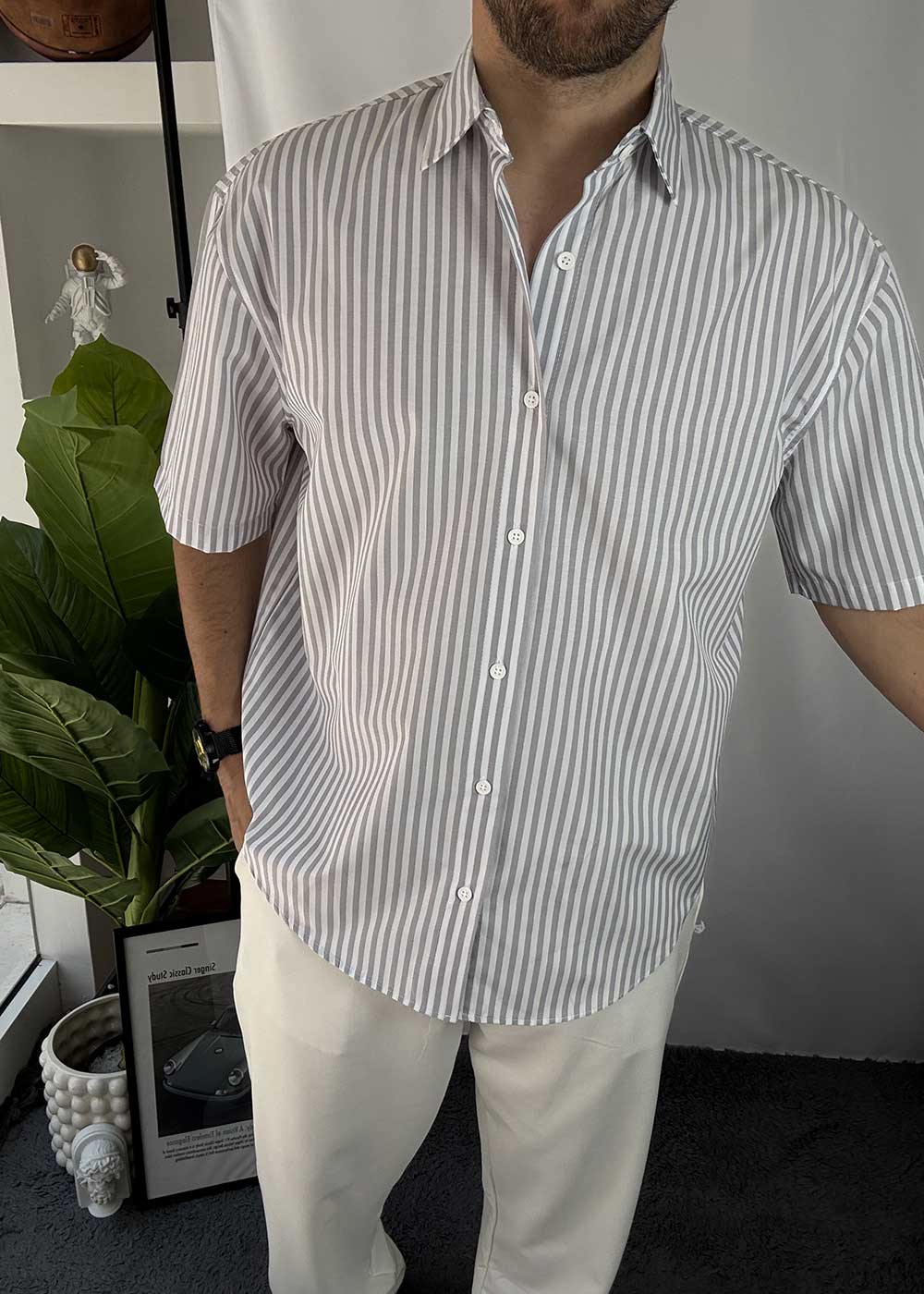 Ριγέ β Oversized Πουκάμισο με Κοντό Μανίκι σε Οβάλ Τελείωμα- Γκρι – 5