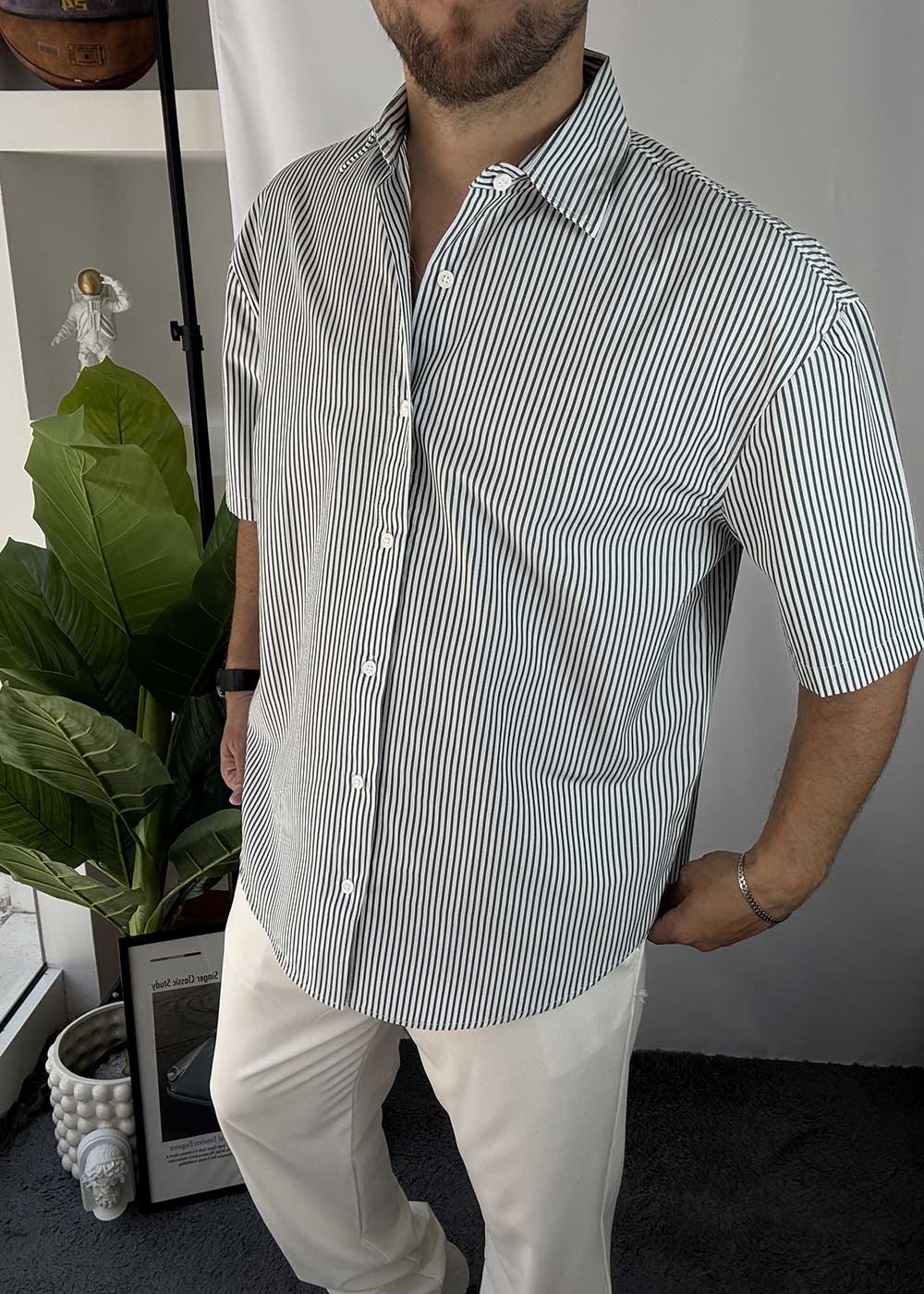 Ριγέ β Oversized Πουκάμισο με Κοντό Μανίκι σε Οβάλ Τελείωμα- Σκούρο Πράσινο – 2