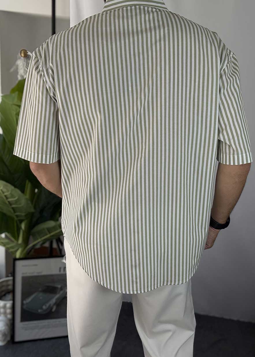Ριγέ β Oversized Πουκάμισο με Κοντό Μανίκι σε Οβάλ Τελείωμα- Λαδί – 4