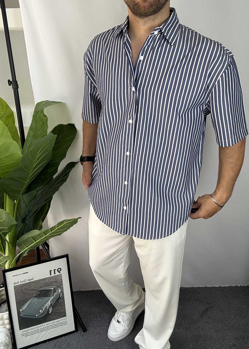 Ριγέ β Oversized Πουκάμισο με Κοντό Μανίκι σε Οβάλ Τελείωμα- Μπλε – 6