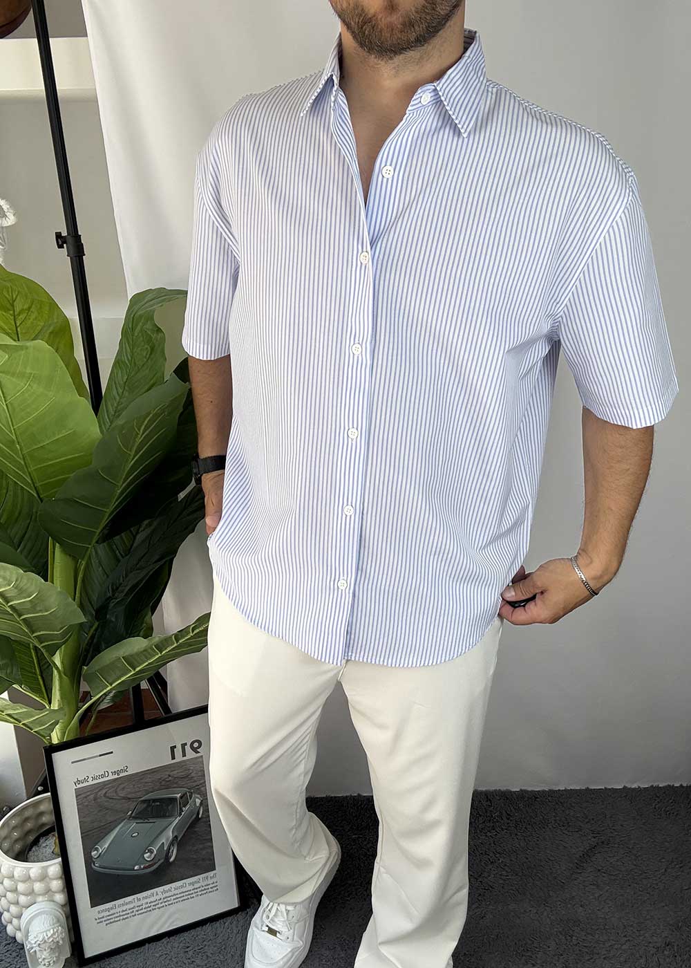 Ριγέ β Oversized Πουκάμισο με Κοντό Μανίκι σε Οβάλ Τελείωμα- Γαλάζιο – 2