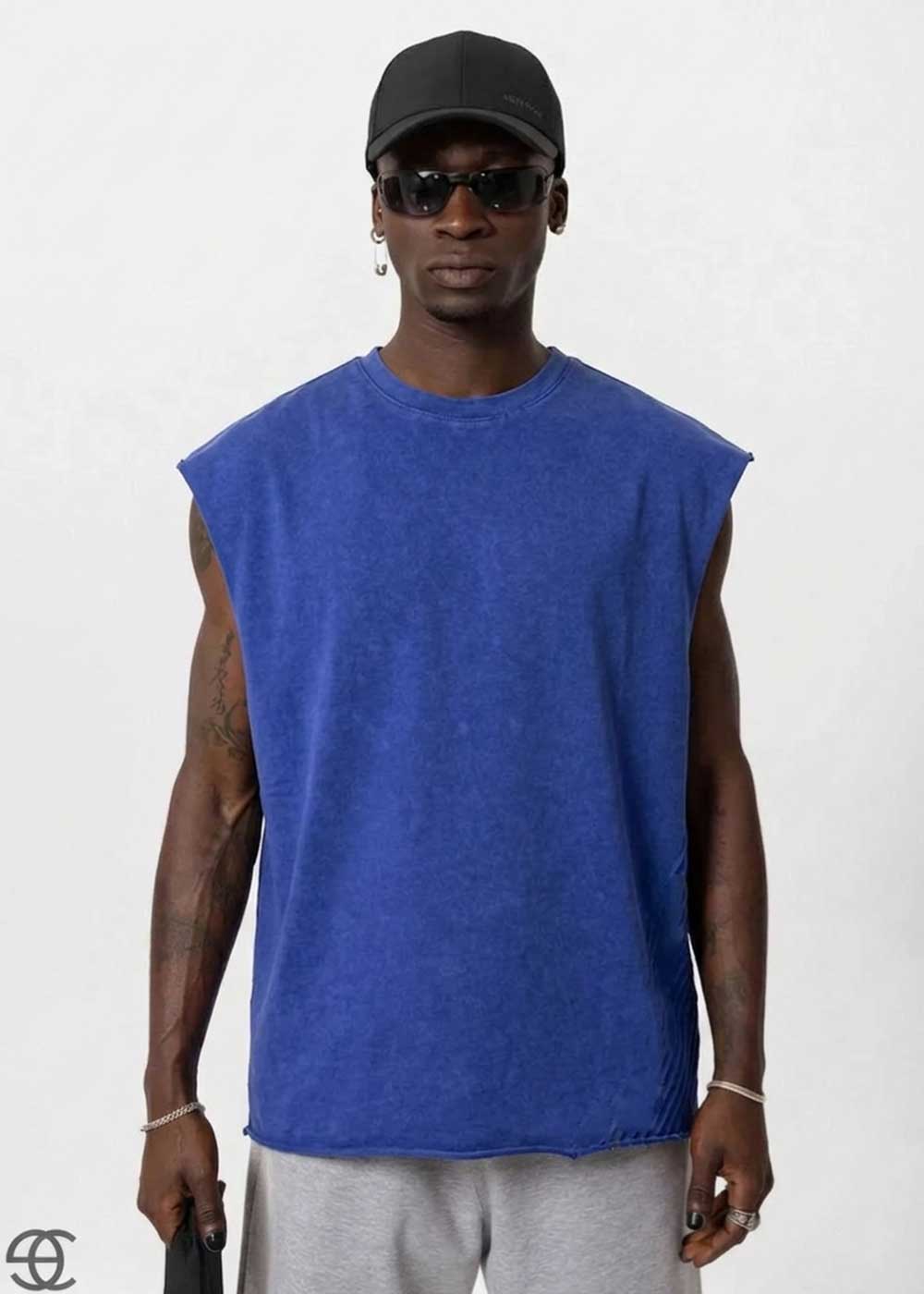 Basic Oversized Αμάνικο T-Shirt - Μπλε Ξεβαμμένο