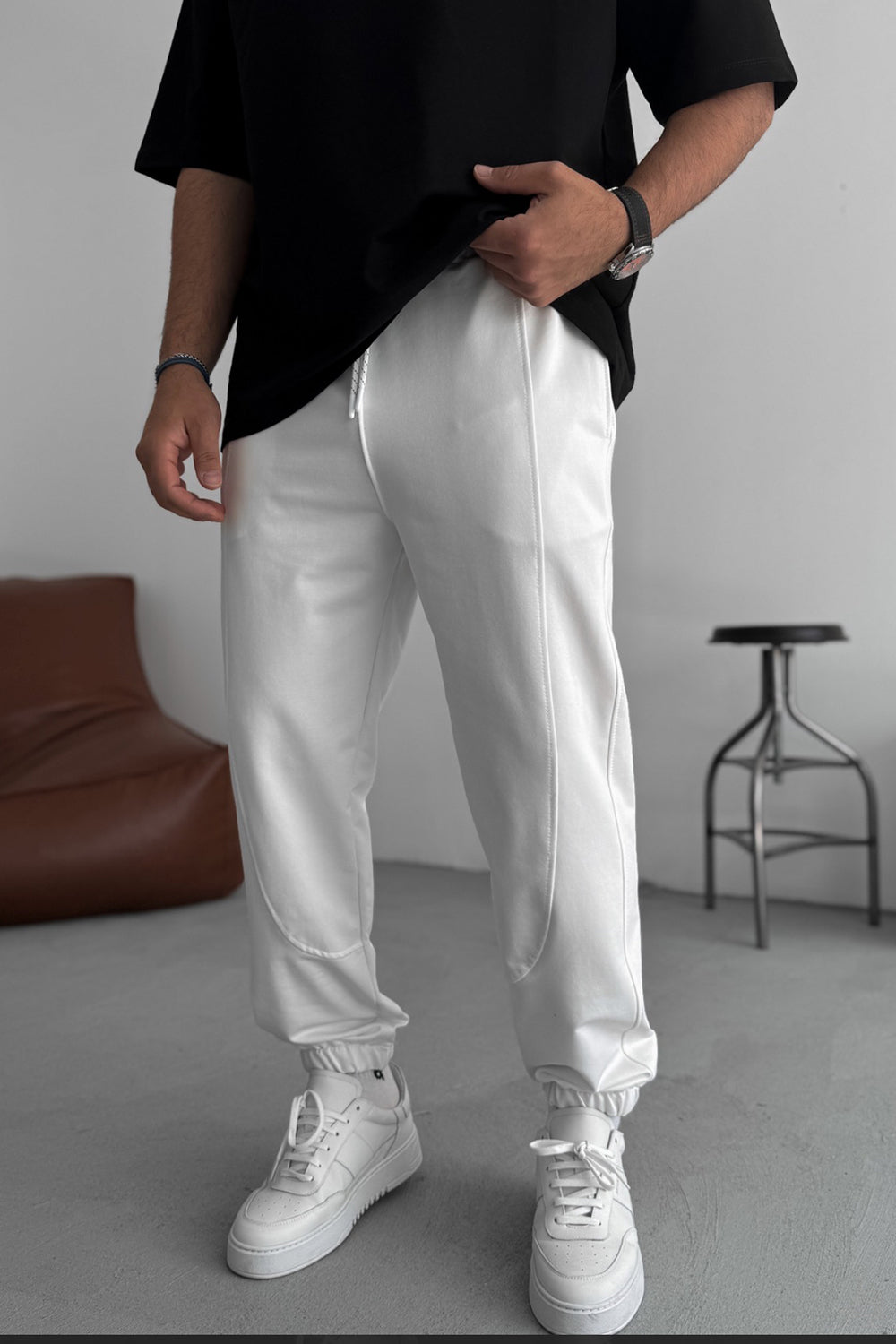 Φόρμα Jogger με Ραφές και Λάστιχο στο Τελείωμα - Λευκό