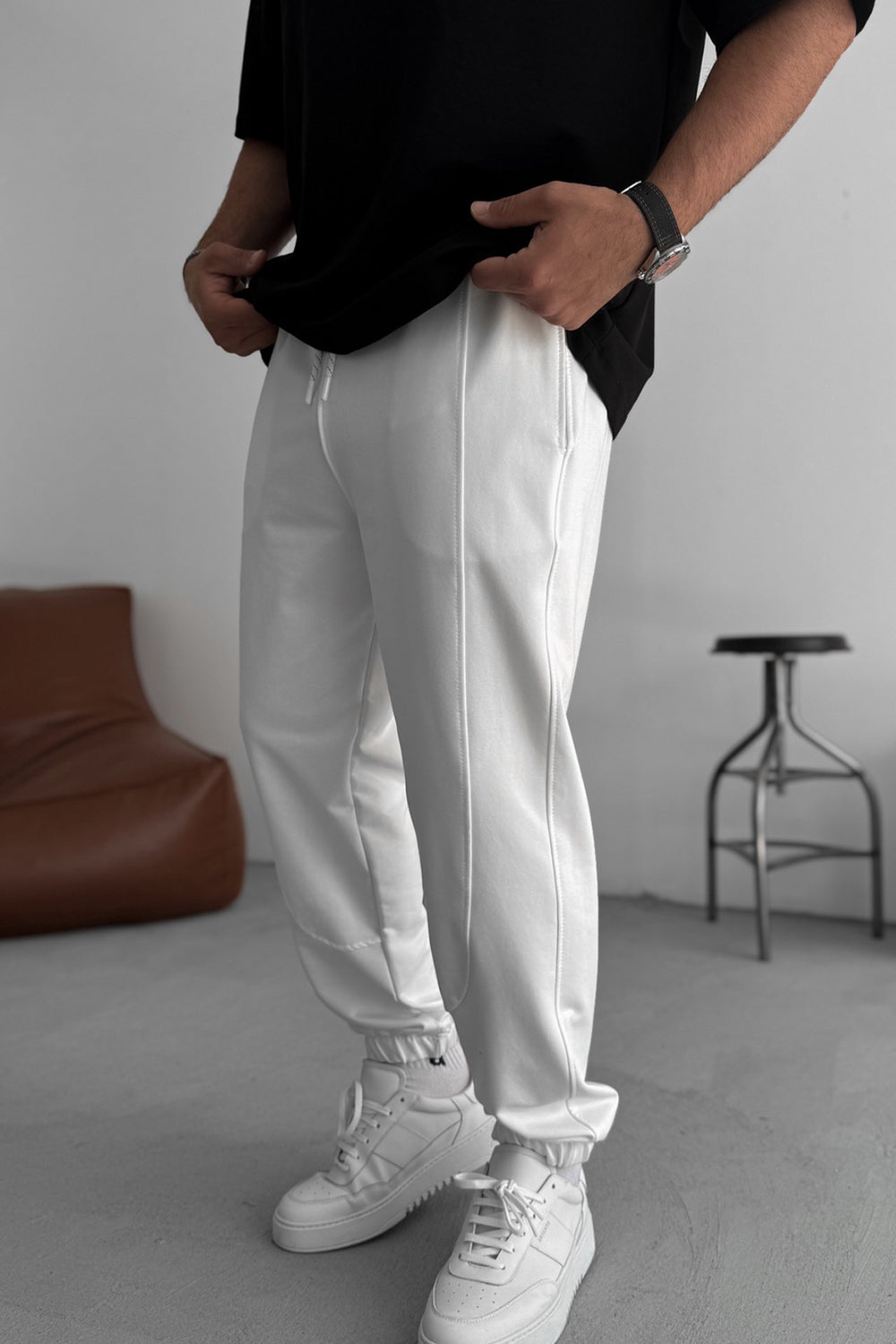 Φόρμα Jogger με Ραφές και Λάστιχο στο Τελείωμα - Λευκό