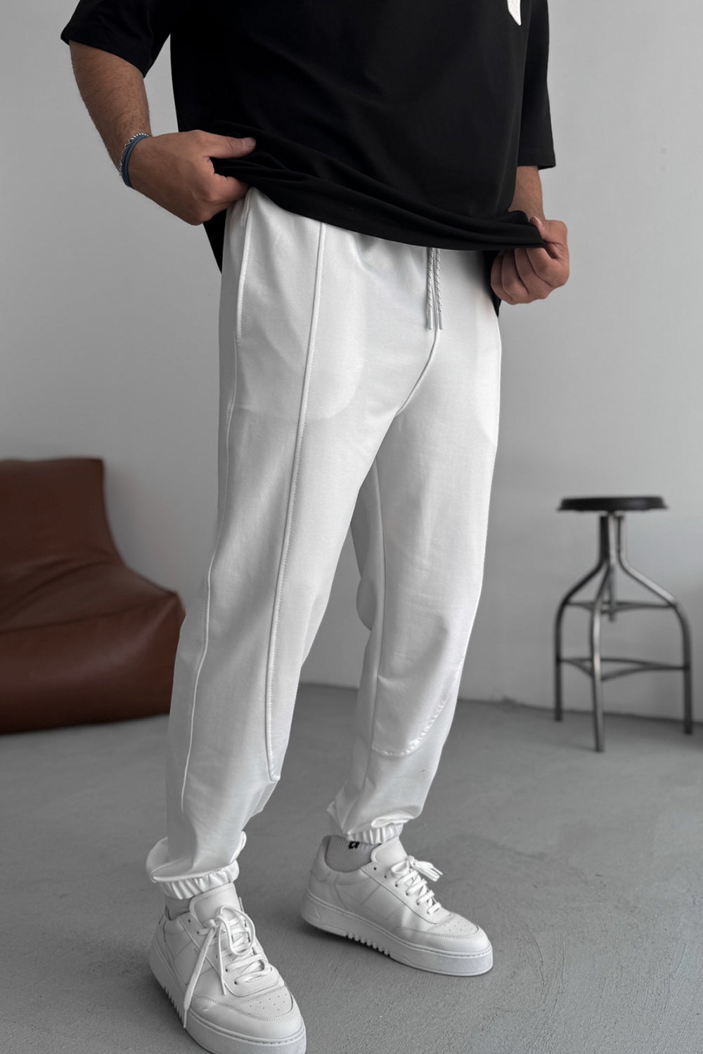 Φόρμα Jogger με Ραφές και Λάστιχο στο Τελείωμα - Λευκό