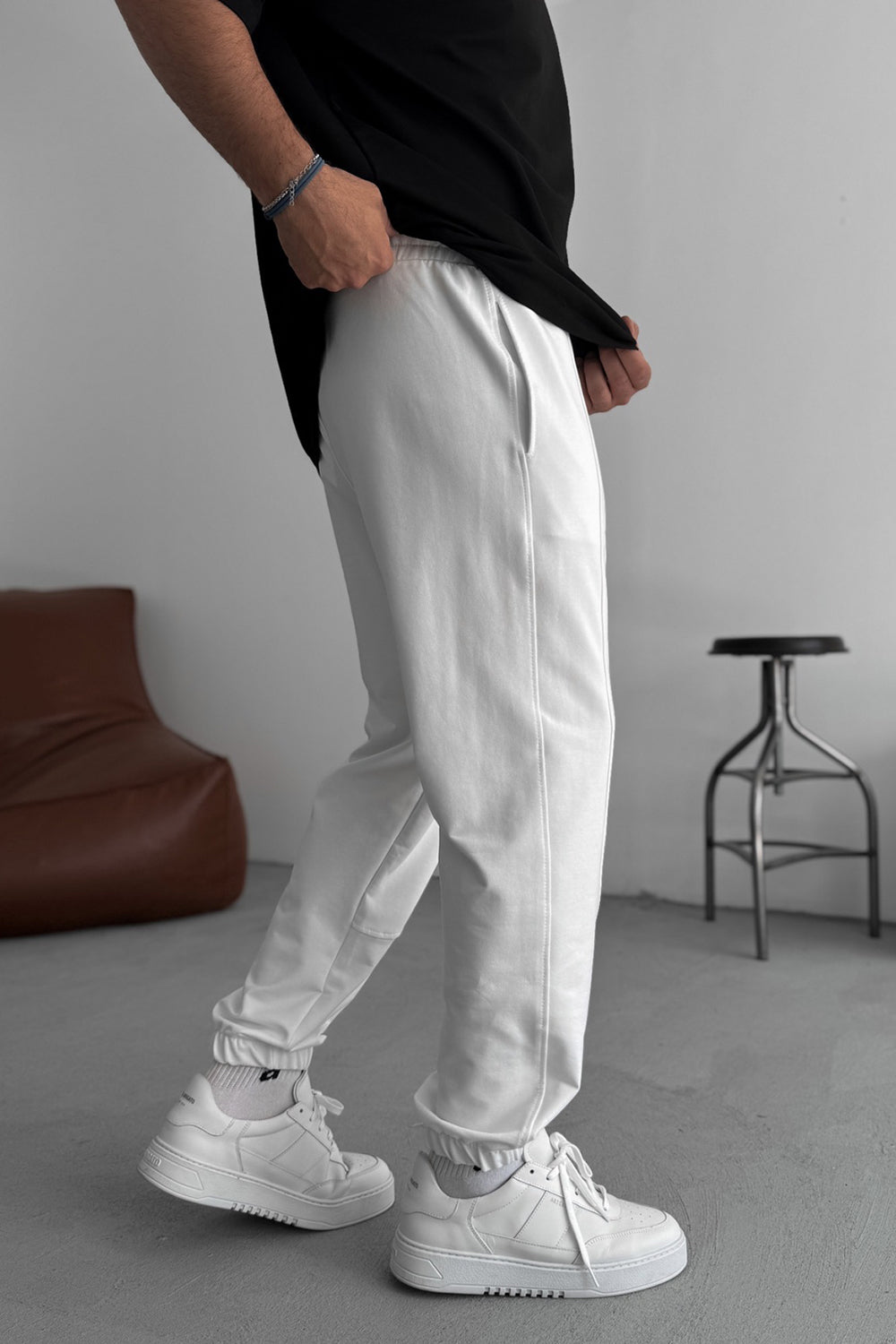 Φόρμα Jogger με Ραφές και Λάστιχο στο Τελείωμα - Λευκό