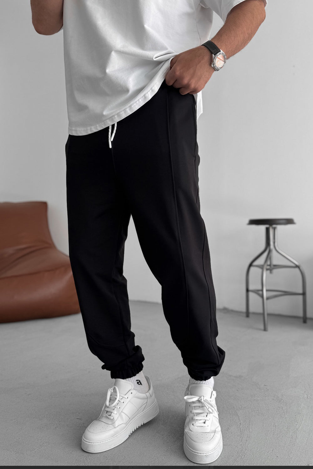 Φόρμα Jogger με Ραφές και Λάστιχο στο Τελείωμα - Μαύρο