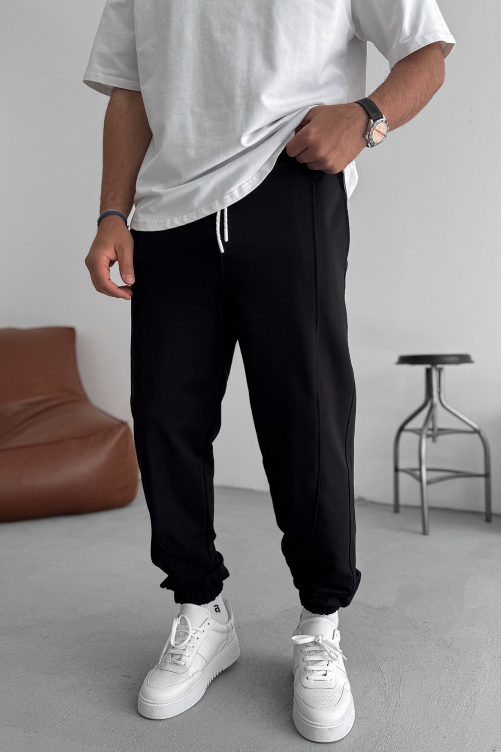 Φόρμα Jogger με Ραφές και Λάστιχο στο Τελείωμα - Μαύρο