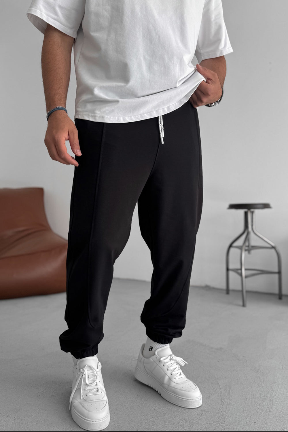Φόρμα Jogger με Ραφές και Λάστιχο στο Τελείωμα - Μαύρο