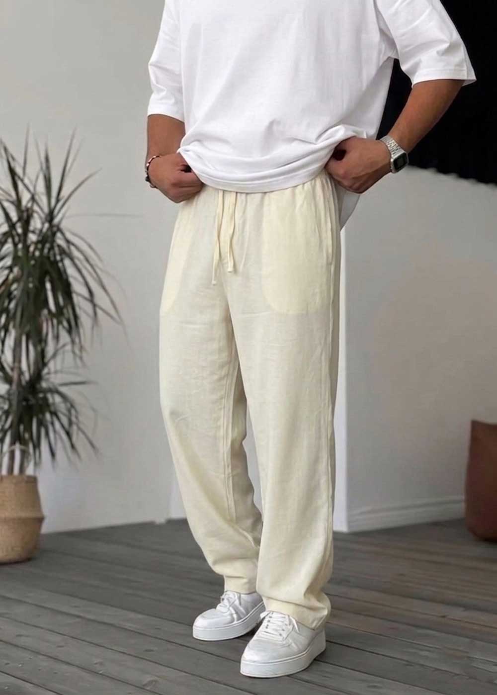 Baggy Παντελόνι Σε Tencel Ύφανση - Ανοιχτό Μπεζ