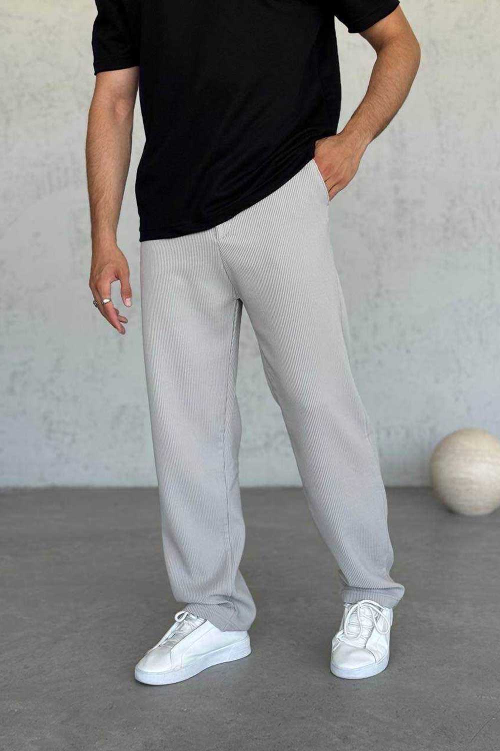 Ανάγλυφο Παντελόνι Baggy με Ρίγες – Γκρι