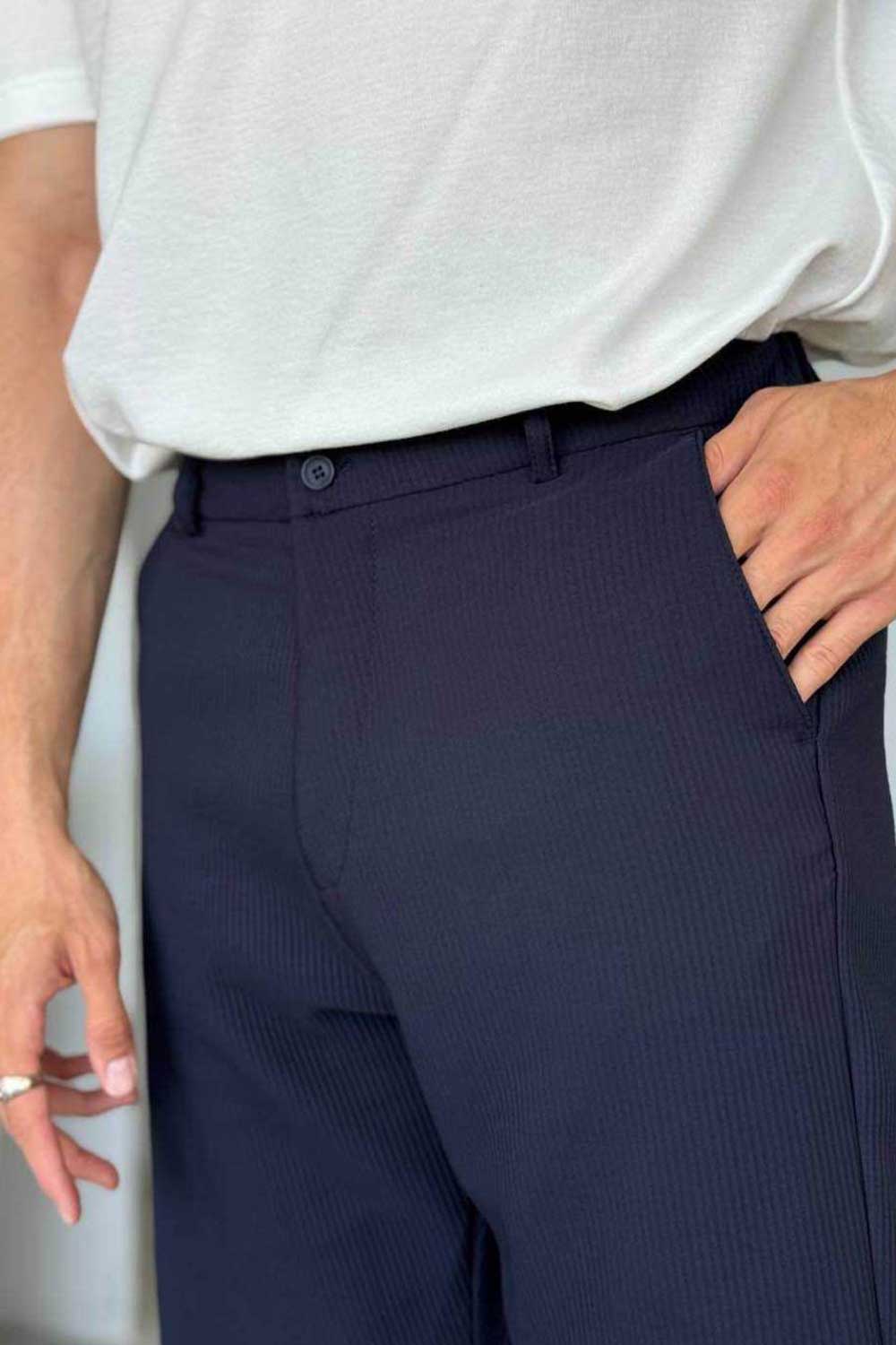 Ανάγλυφο Παντελόνι Baggy με Ρίγες – Σκούρο Μπλε
