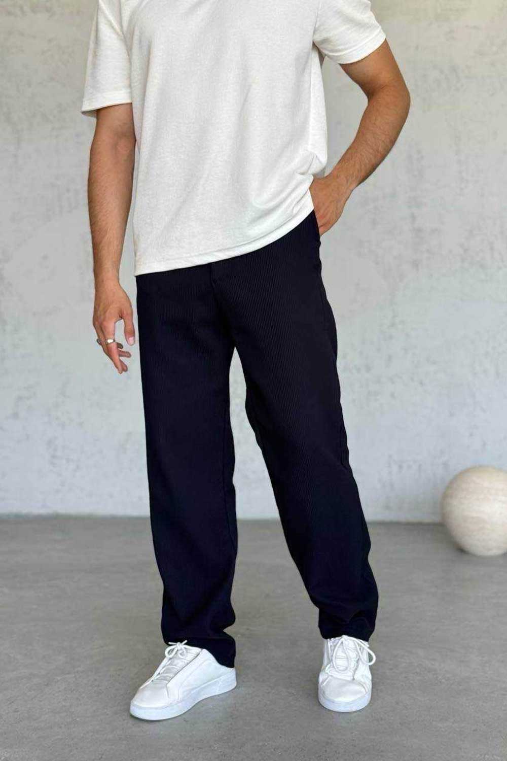 Ανάγλυφο Παντελόνι Baggy με Ρίγες – Σκούρο Μπλε